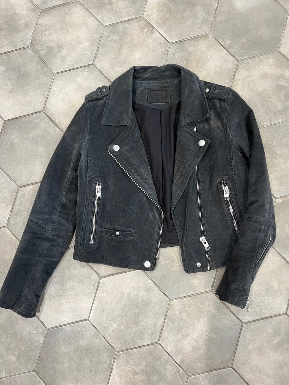Women’s Dark Gray Suede Moto Jacket with Silver Hardware